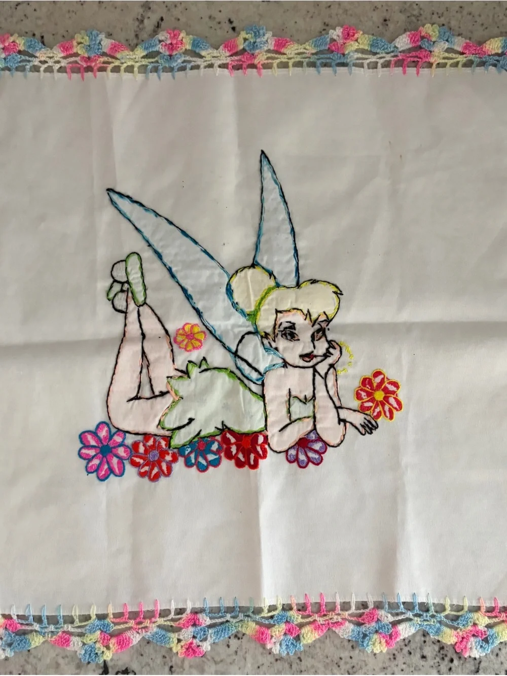 VTG Tinkerbell Hand Embroidered Fairy with Colorful Crochet Edge